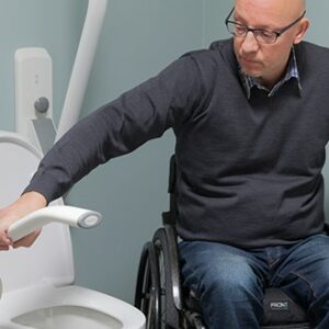 Toilet support arm wheelchair user